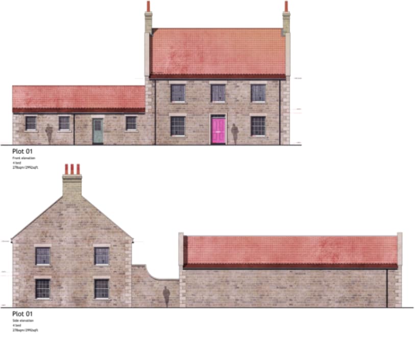 Image credit of Plot 01 elevations: Pod Newcastle Architects